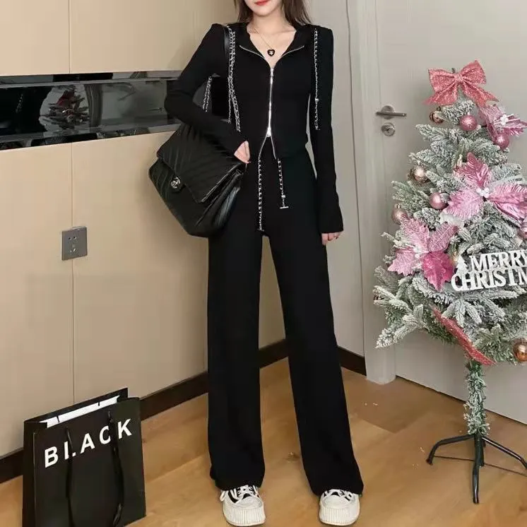 显瘦阔腿裤气质时尚休闲连帽卫衣套装 MD名媛风秋季两件套女装，高