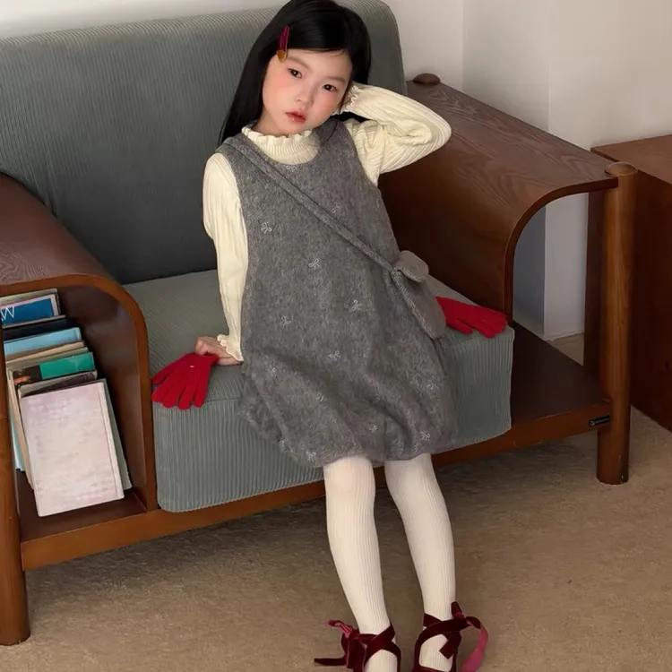 原创设计秋冬女童木耳边打底毛衣蝴蝶结夹棉背心裙套装