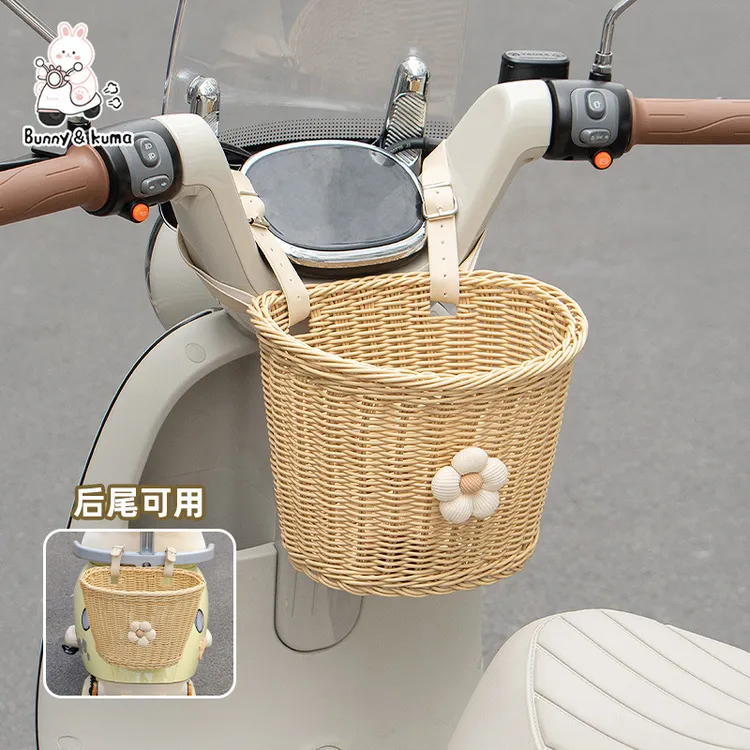 电动车前置编织收纳篮复古车筐通用防水防晒电瓶车自行车后尾车筐