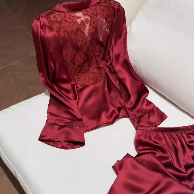 睡衣女酒红色冰丝高级感蕾丝镂空本命年新年红长袖长裤可外穿套装