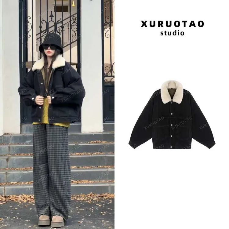 XURUOTAO【冬令牛仔】100棉夹棉可拆卸毛领设计保暖黑色外套 T5724