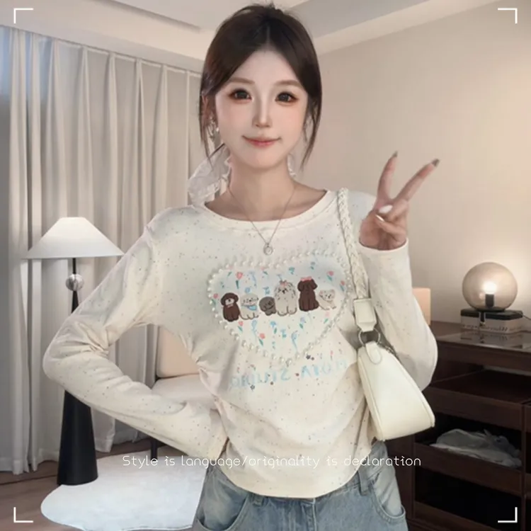 可爱小狗印花气质珍珠时尚通勤百搭减龄修身显瘦收腰长袖T恤上衣
