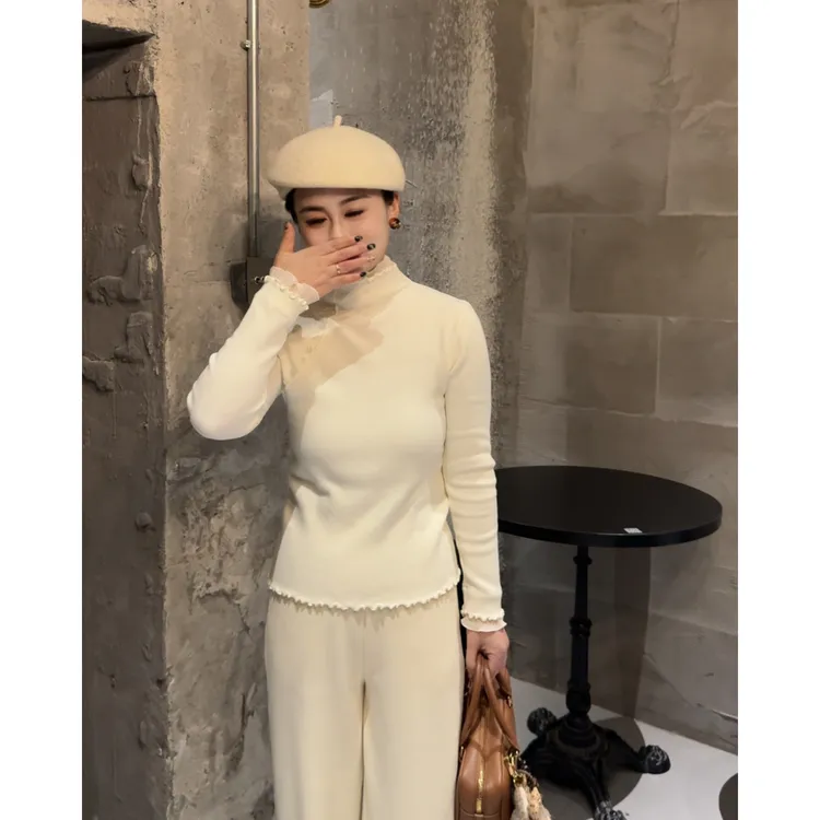 MY【暗夜蔷薇】冬季新款韩系设计感网纱木耳边拼接半高领长袖针织衫