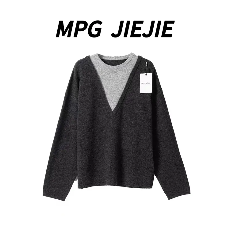 MPG JIEJIE【叠影】25秋冬绵羊毛黑灰拼接假两件毛衣