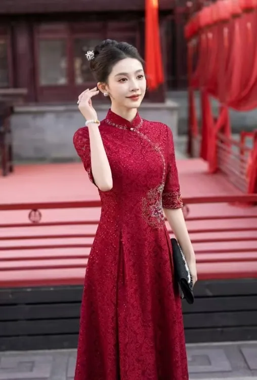 【相遇】中国风红色喜庆烫钻旗袍裙气质修身显瘦复古中长款