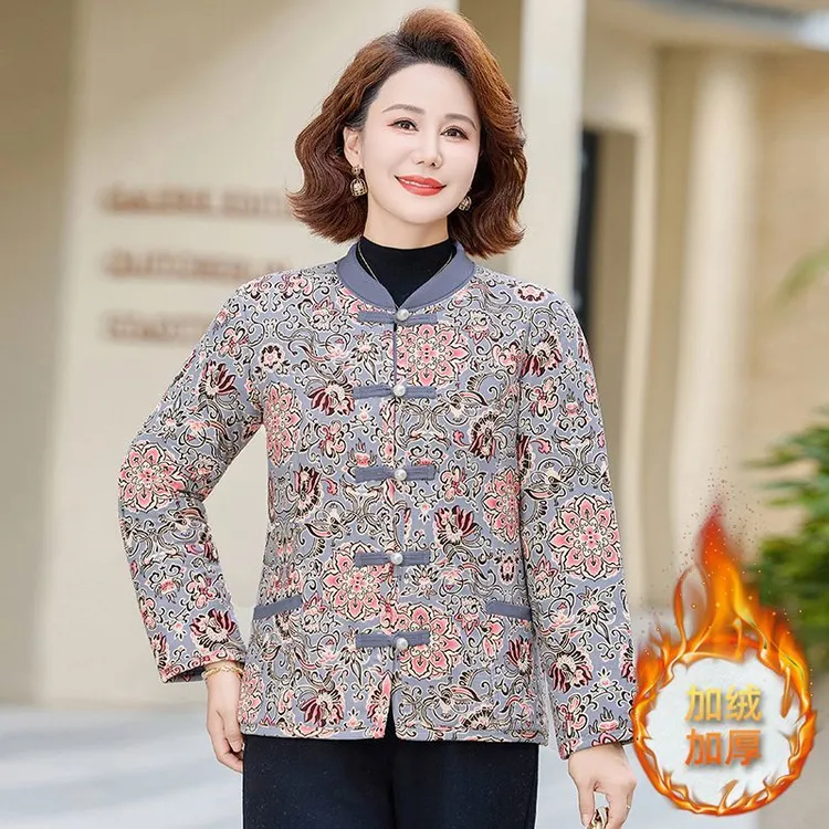 A51女透气棉衣棉服花常规宽松型长袖中老年国风棉袄