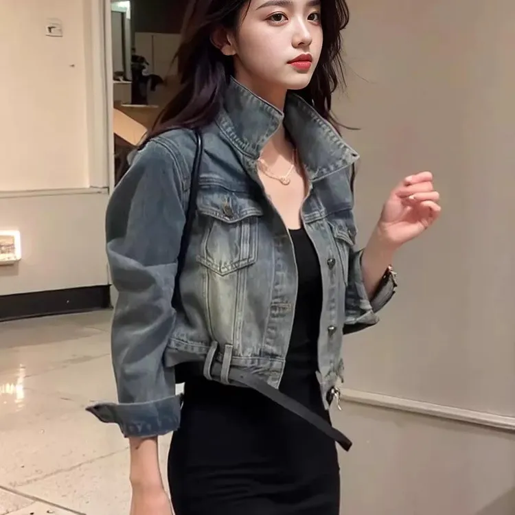 港风复古做旧水洗牛仔外套女春秋时尚个性别致款式短款夹克上衣潮
