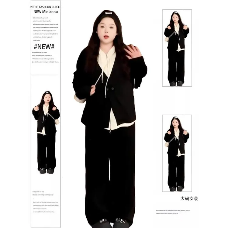 特大码胖mm300斤假两件连帽上衣两件套女春秋款宽松显瘦裤子套装2