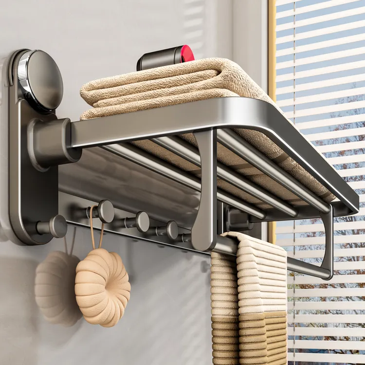 优勤吸盘毛巾架卫生间免打孔浴巾架子浴室置物架一体厕所收纳挂杆