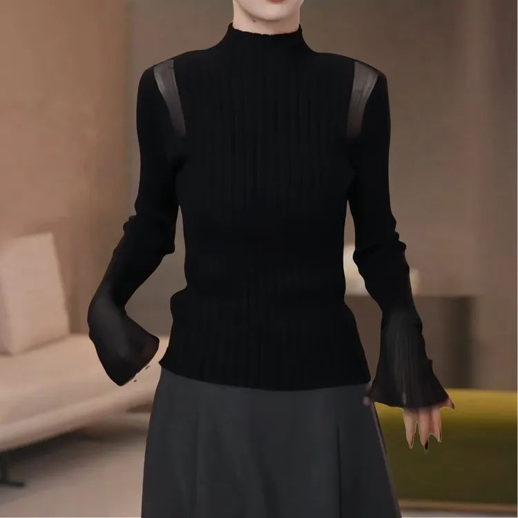 韩系简约设计感针织衫女早春轻熟风修身显瘦半高领镂空长袖上衣