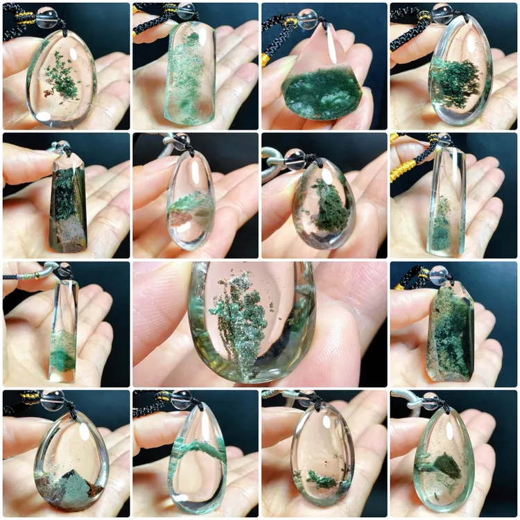 东海水晶天然绿幽灵水晶吊坠绿色聚宝盆水晶项链坠毛衣链招财原石