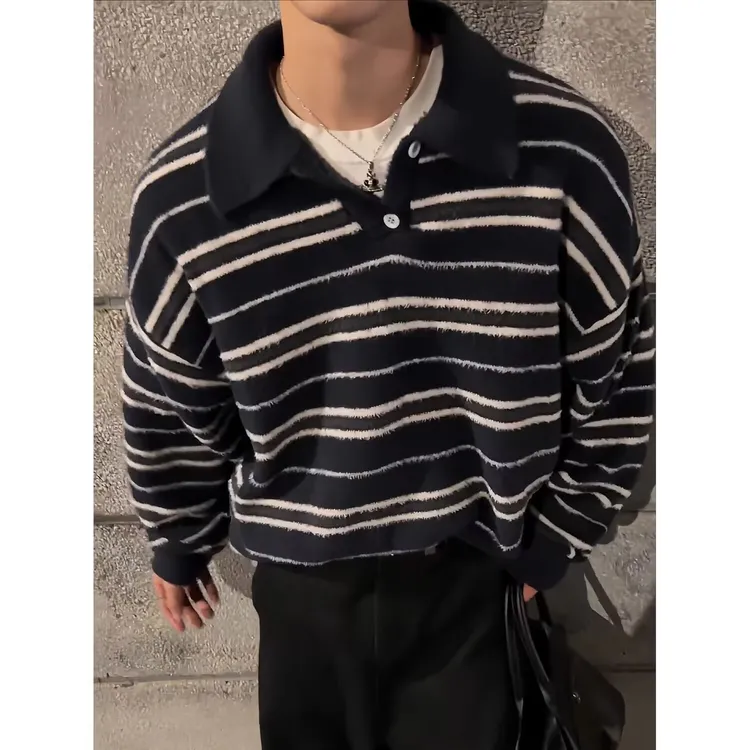 25秋冬撞色条纹厚款休闲冬季翻领毛衣时尚宽松网红百搭潮流针织衫
