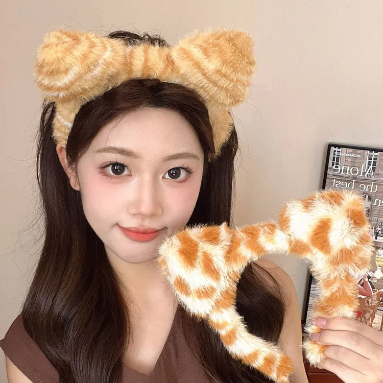 毛绒豹纹斑点猫耳发箍女高颅顶洗脸防滑头箍外出拍照可爱发卡头饰