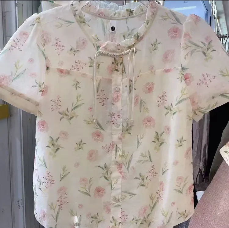 5865小清新常规套头碎花雪纺衫上衣百搭衬衣夏款女款女士印花小衫