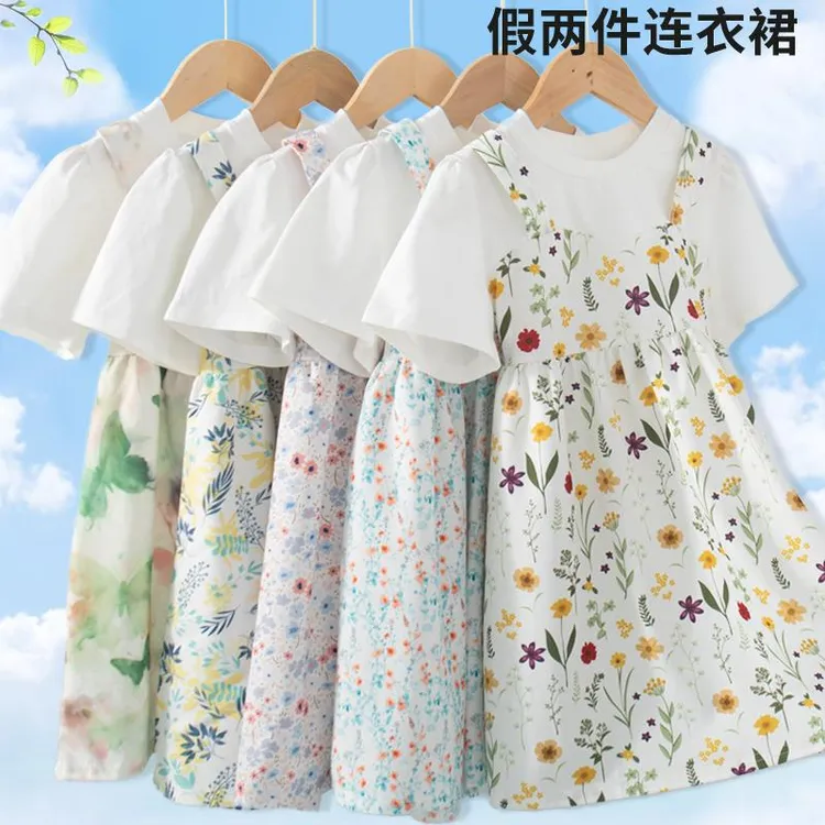 新款女童连衣裙夏季薄款儿童假两件裙子小女孩夏装碎花裙公主裙