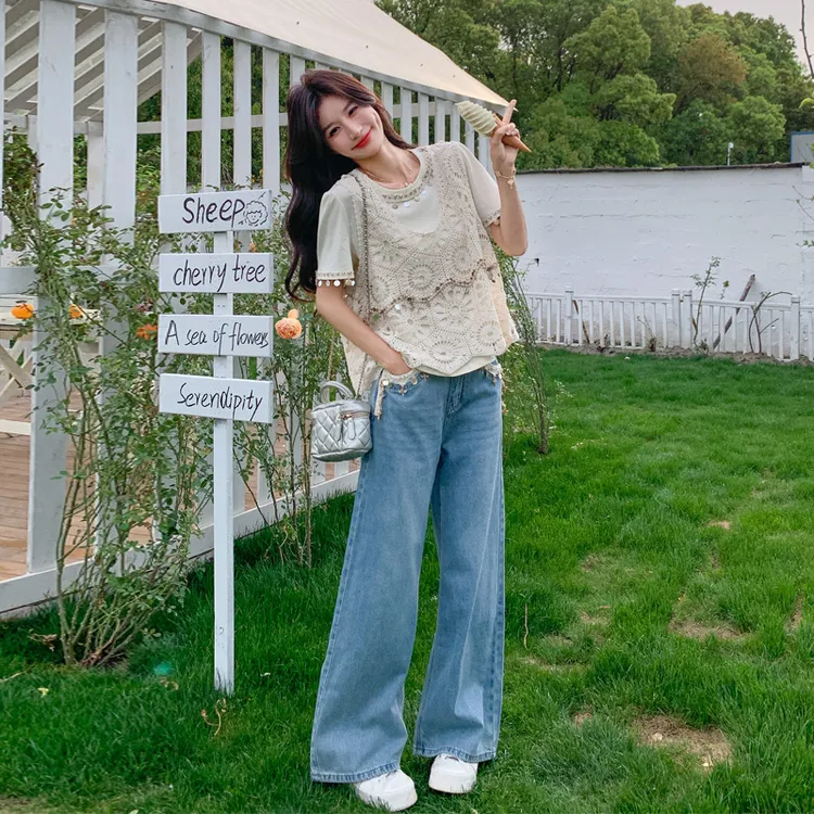 复古氛围感套装裤2025女夏新款气质法式减龄松弛感T恤吊带牛仔裤