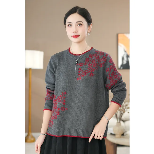 【圆领】涧蓝正品冬新款保暖圆领织花羊毛套头衫女撞色毛衣气质显瘦