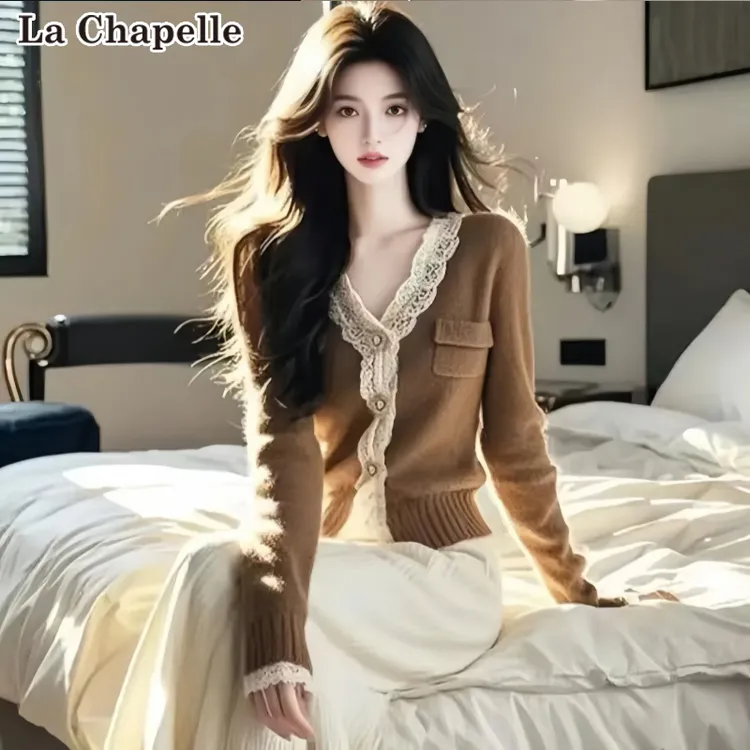 拉夏贝尔美拉德蕾丝边V领毛衣针织衫秋冬女装独特别致高级感开衫