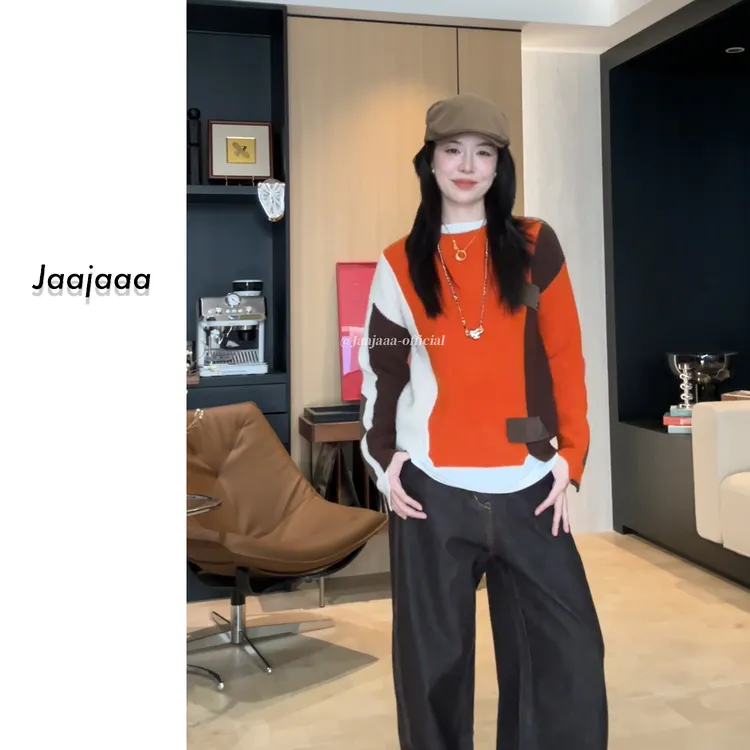 Jaajaaa愿秋载尘 撞色小众圆领常规女宽秋冬厚款长袖上衣/XAE