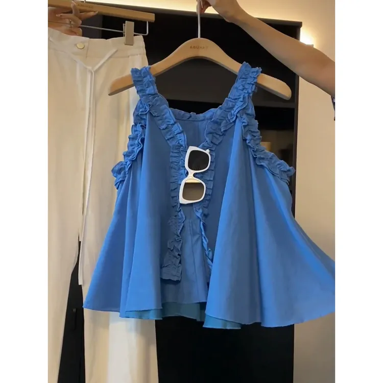 2025新款v领甜美设计感拼接木耳边无袖衬衫洋气时尚吊带上衣女