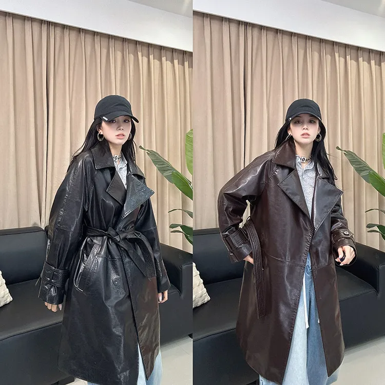 2025新款真皮皮衣女西服领中长款风衣外套时尚设计感皮衣洋气款潮