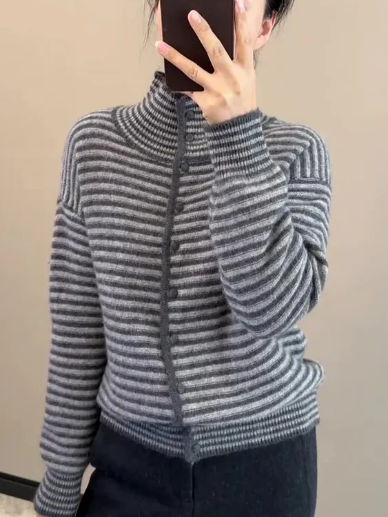 欧货高级感撞色条纹半开领针织开衫女2025年秋冬洋气漂亮独特上衣