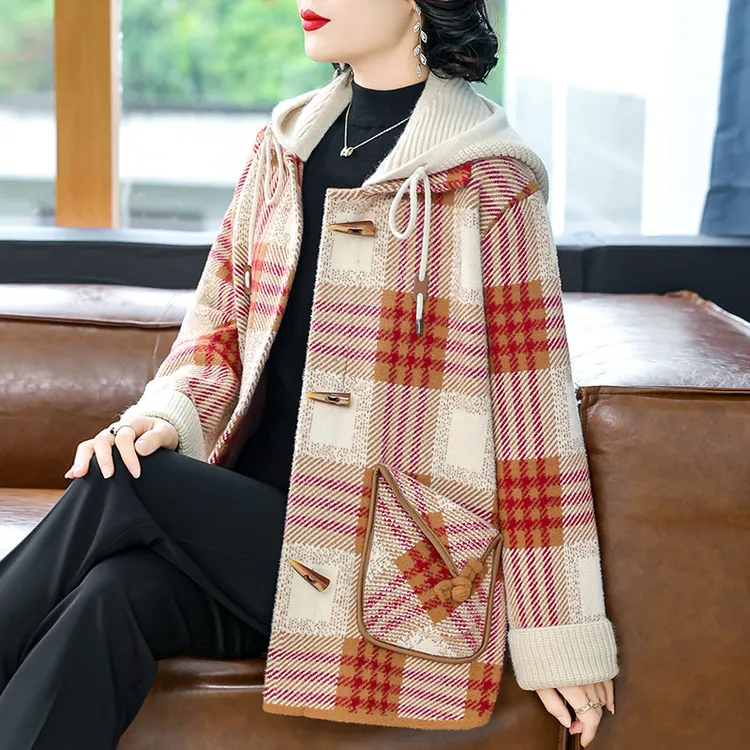 2024年秋冬新款时尚连帽针织开衫女士格子韩版休闲仿毛呢毛衣外套