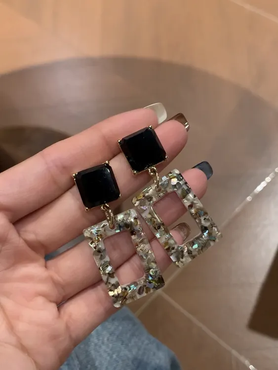 铜合金耳饰 【黑晶贝框】方型小众显高级耳饰