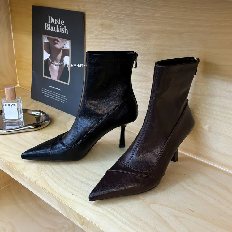 韩版软皮显瘦细跟尖头女靴短筒高跟鞋时装靴后拉链黑色瘦瘦女短靴