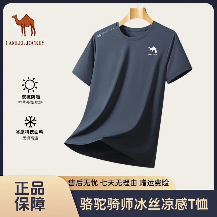 骆驼骑师男士夏季冰丝休闲短袖圆领运动冰感时尚宽松半袖透气T恤