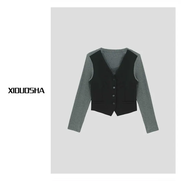XIDUOSHA/喜朵莎设计款欧货小众假两件撞色长袖上衣 XDS1651