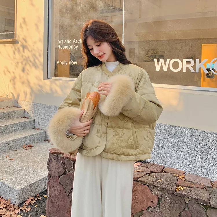 外套长款爆款小个子新中式国风狐狸毛袖口提花短款羽绒服女白鸭绒