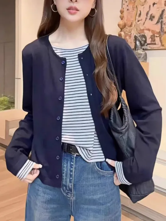 条纹拼接假两件针织衫毛衣女2025秋季穿搭高级感显瘦长袖开衫上衣