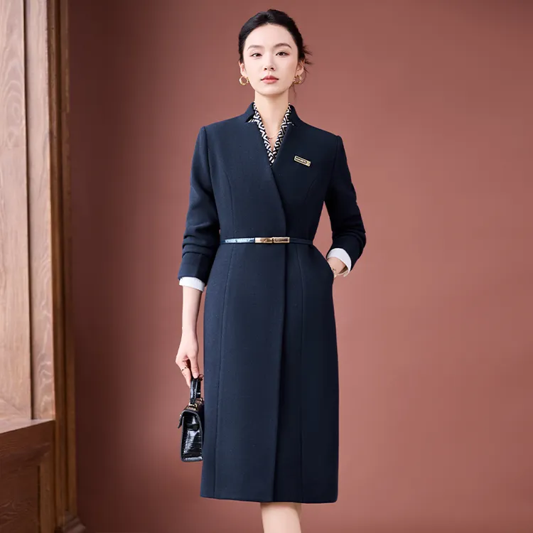 藏青色职业毛呢外套女冬季加厚酒店前台售楼部工作服长款高端大衣