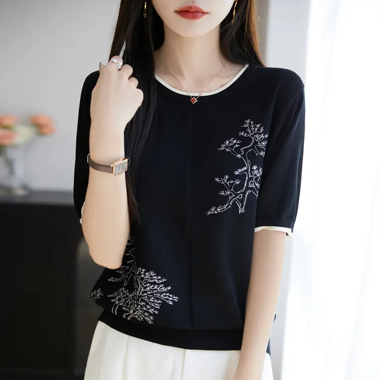 短袖2025新款女小个子冰丝针织衫宽松短款漂亮洋气妈妈装夏装t恤