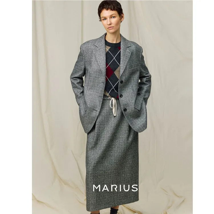 MARIUS“u西娅”格纹绵羊毛休闲佰搭西装抽绳西裤半裙套装秋冬