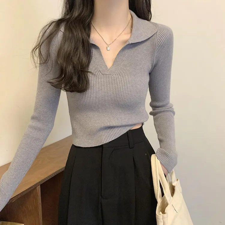 2025春季新款韩版polo领短款内搭针织衫打底毛衣女设计感修身上衣