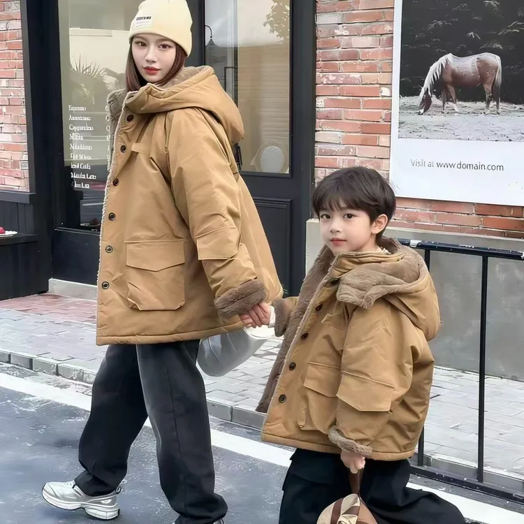 男女童冬装中长款派克服亲子装加绒加厚连帽外套韩版儿童保暖棉衣