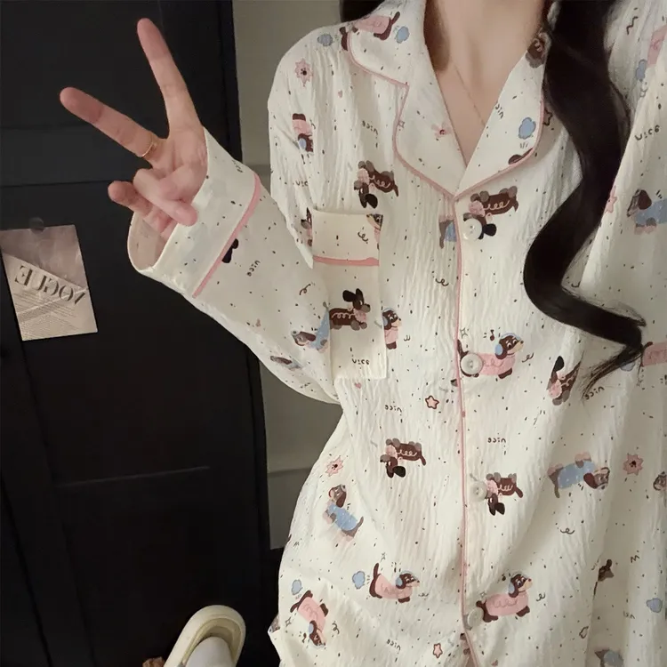 云朵棉睡衣女春秋季长袖大码冬天2025新款音乐小狗套装开衫家居服