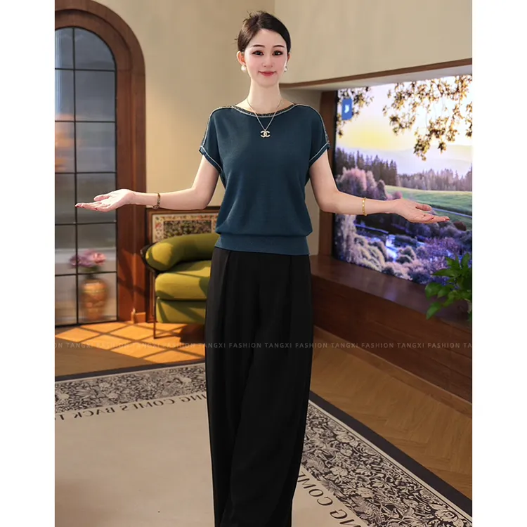 2025夏季新款【7619】轻奢高级洋气显白莱赛尔蔚蓝色圆领针织上衣女