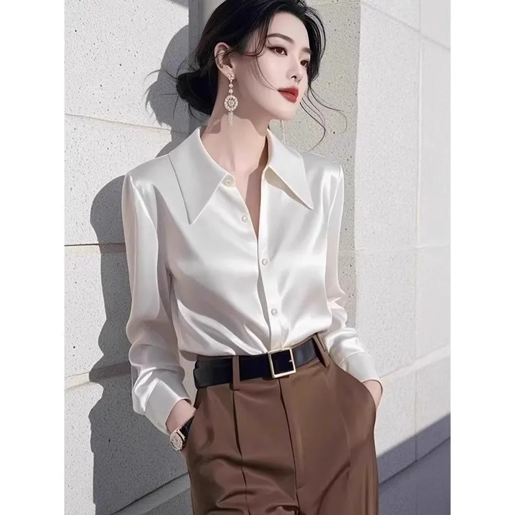 法式高级感轻奢衬衫女2025春秋新款职业通勤醋酸缎面设计感上衣潮
