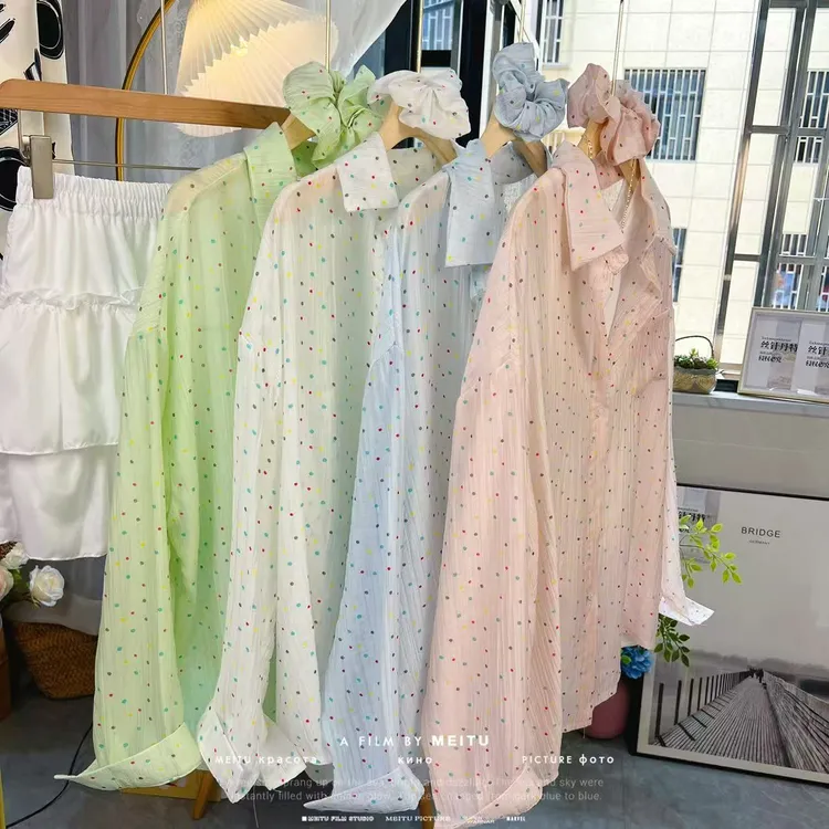 韩系甜美彩色波点轻薄长袖防嗮衬衫女装夏季新款洋气减龄百搭衬衣