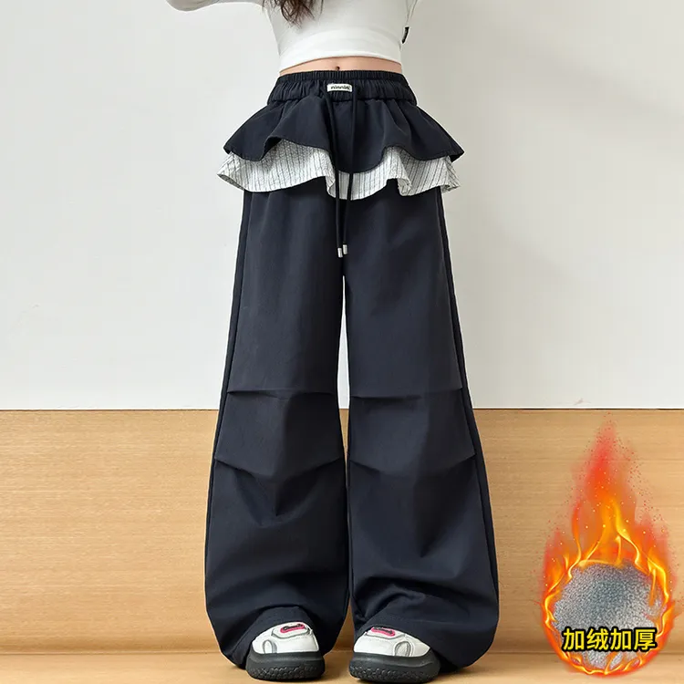 女童工装裤秋冬2025新款大童冬季加绒屁帘裤子儿童独特漂亮阔腿裤