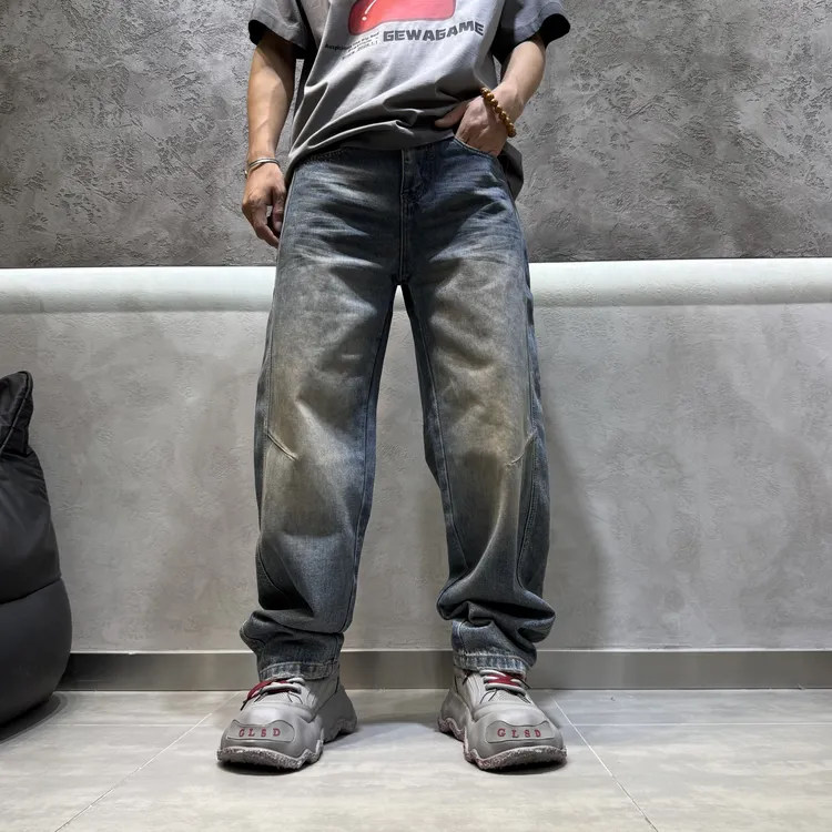 秋季新款美式直筒水洗复古做旧男士牛仔裤潮流宽松高街百搭长裤男