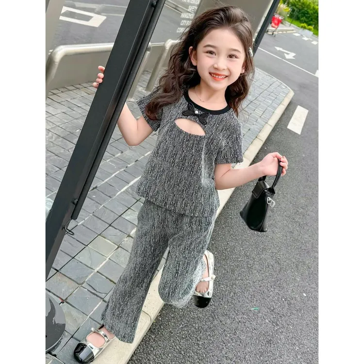 巴拉童年女童套装儿童夏季新款网红亮闪闪盘扣洋气时髦短袖微喇叭