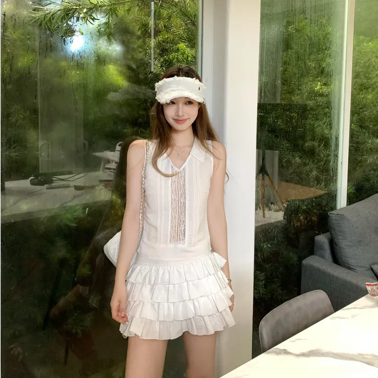 法式镂空无袖上衣女装夏季新款设计感小个子独特漂亮蛋糕裙子套装