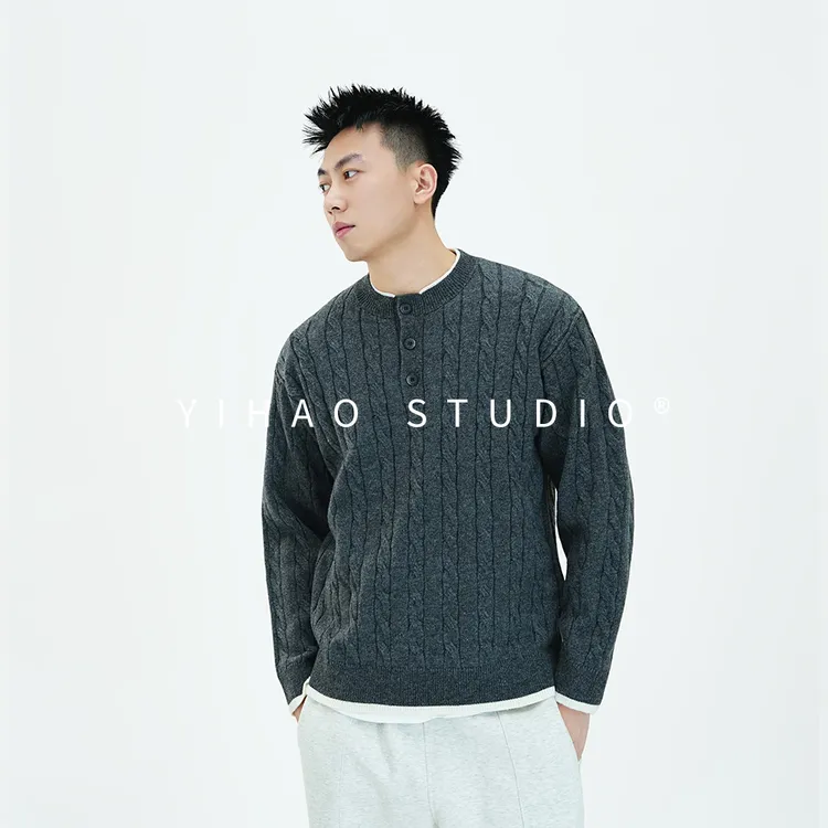 YIHAO STUDIO秋季新款老钱风高级亨利领绵羊毛针织衫潮牌休闲毛衣