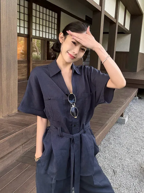 休闲工装翻领老钱风套装短袖衬衫高腰阔腿裤两件套装套装