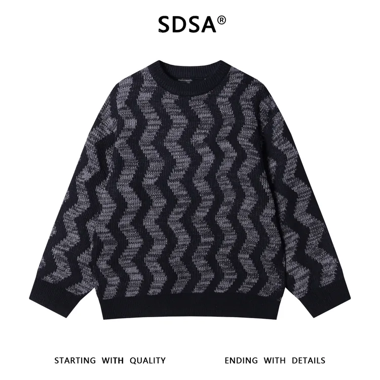 SDSA男士秋冬新款痞帅男装韩版撞色波浪线针织衫百搭潮流套头毛衣