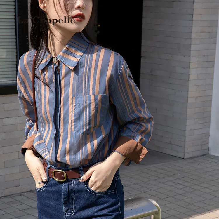 拉夏贝尔撞色条纹长袖衬衫女春秋2025年新款法式Polo领排扣上衣